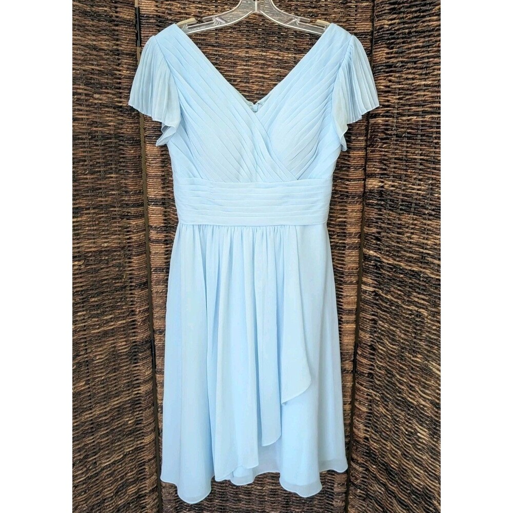 Azazie Blue Formal Dress Bridesmaid Prom Knee Length Chiffon Wedding Evening